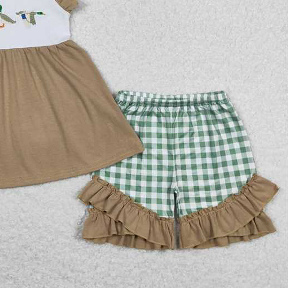 4.12 GSSO0653 RTS NO MOQ Plaid straps duck tunic ruffle shorts girls outfits