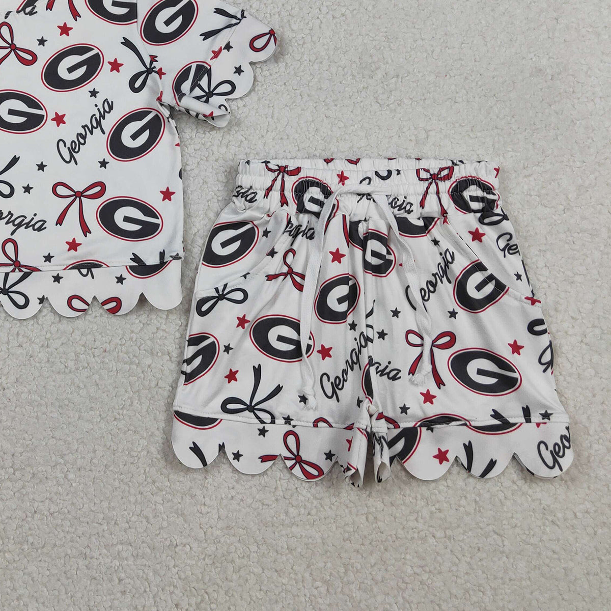 3.30 RTS NO MOQ （In stock）GSSO3250 Short sleeves G stars bow scallop girls team outfits