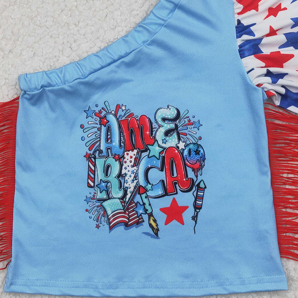 4.12 GT0942 RTS NO MOQ Baby Girls Summer Tops One shoulder stars tassels American girls 4th of july shirt