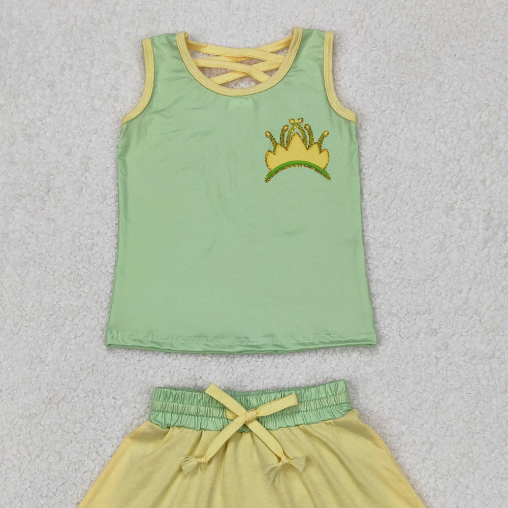 4.30 GSD2071  RTS NO MOQ Green yellow sleeveless crown top skirt princess girls clothes