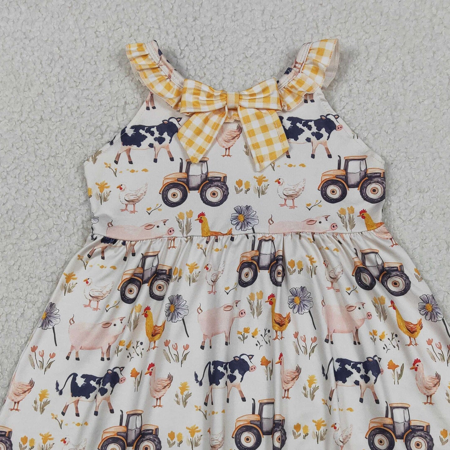 GSD3476 RTS NO MOQ （In stock ）Yellow plaid ruffle farm kids girls summer dresses