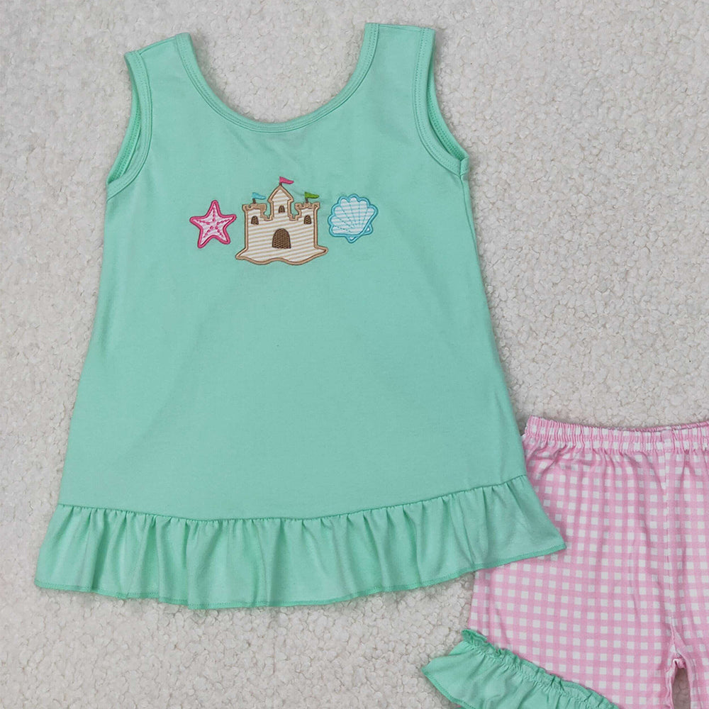 4.08 GSSO1983 RTS NO MOQSleeveless starfish shell castle top shorts girls summer clothes