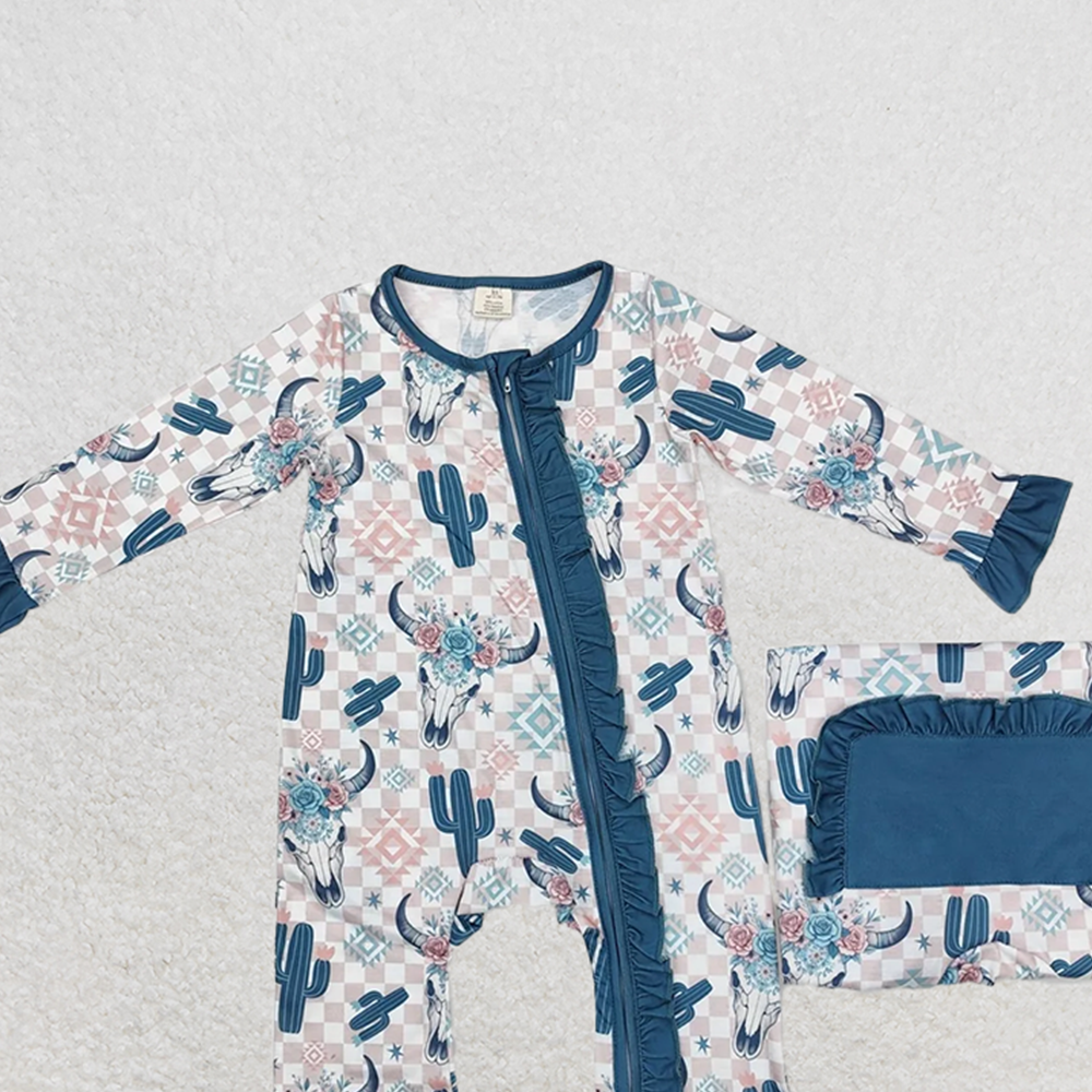 LR1446RTS NO MOQ Baby Girls Winter Rompers Plaid cactus bull skull floral baby girls zipper romper