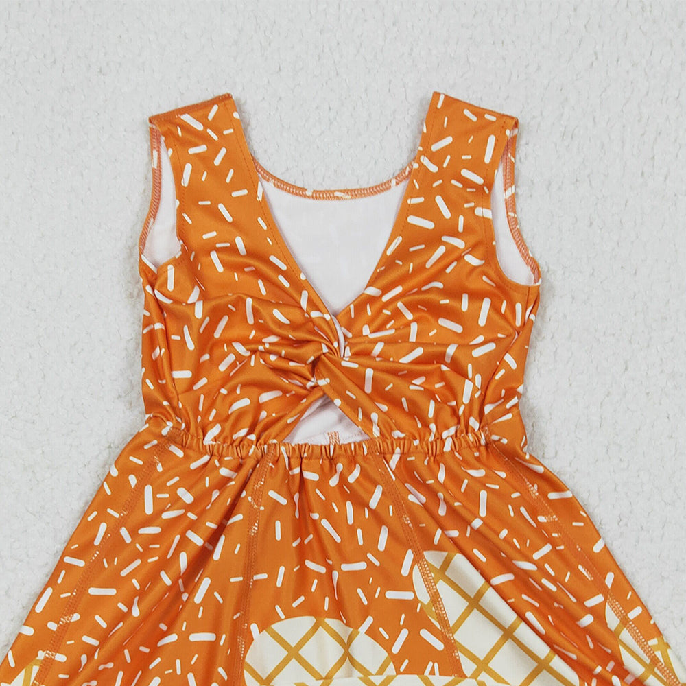 RTS NO MOQ （In stock）GSD2750 Baby Girls Summer Yoga Dress Baby Girls Orange Drip Sprinkles Team Yoga Active Knee Length Dresses