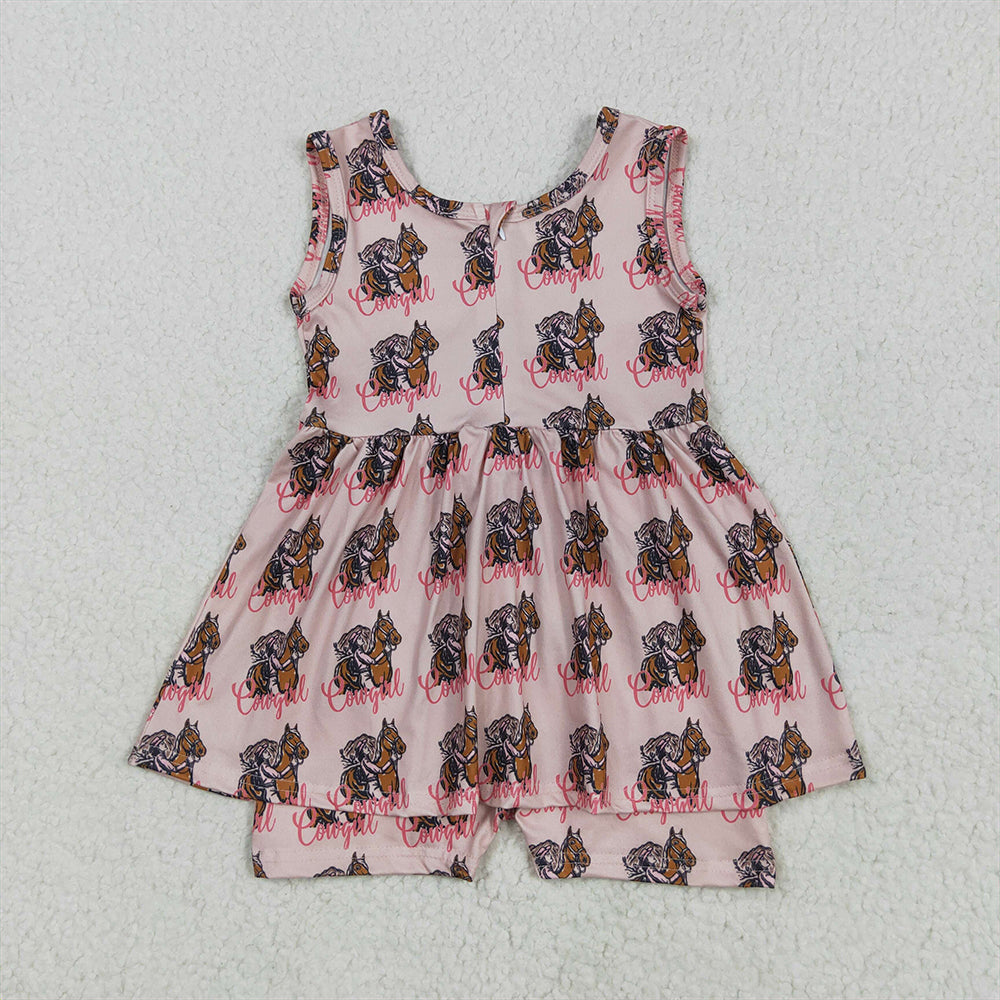 SR3072RTS NO MOQ Baby Girls Summer Jumpsuits Baby Girls Pink Sleeveless Horses Rodeos Cowgirl Skort Jumpsuits