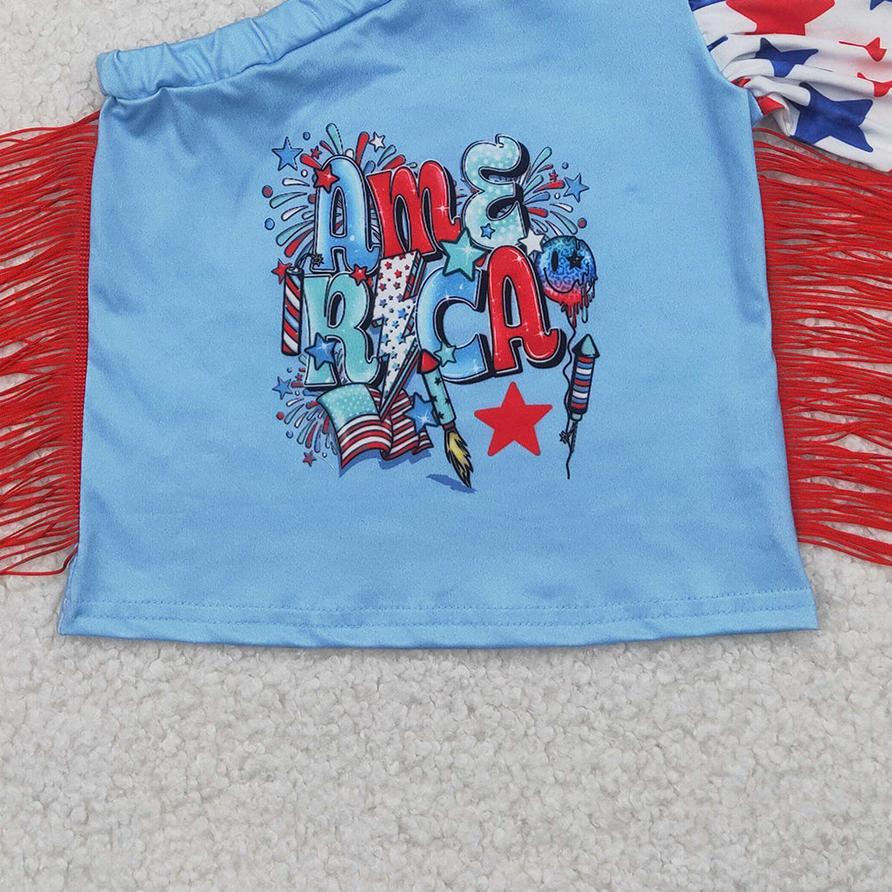 4.12 GT0942 RTS NO MOQ Baby Girls Summer Tops One shoulder stars tassels American girls 4th of july shirt