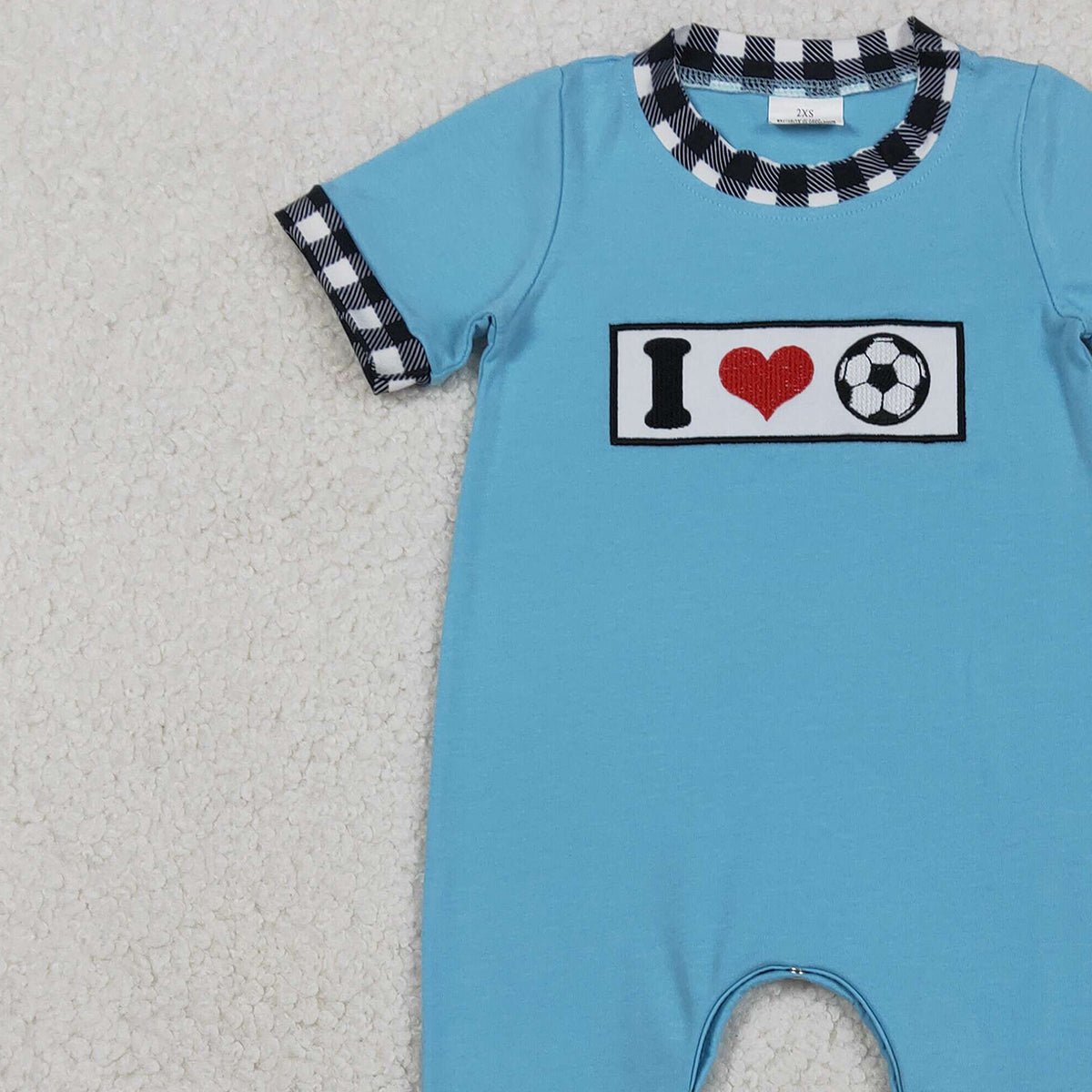 12.16 RTS NO MOQ （In stock）SR3369 Baby Boys Rompers Embroidery I Love Footballs Baby Boys Team Footie Rompers