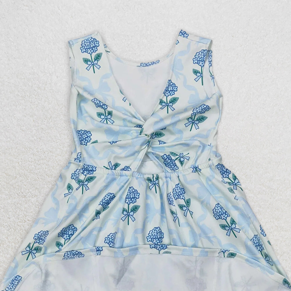 GSD1944RTS NO MOQ Baby Girls Summer Yoga Dress Light Blue Sleeveless Bow Floral Baby Girls Athletic Dresses - Soft Cotton Comfortable Fit for Active Kids