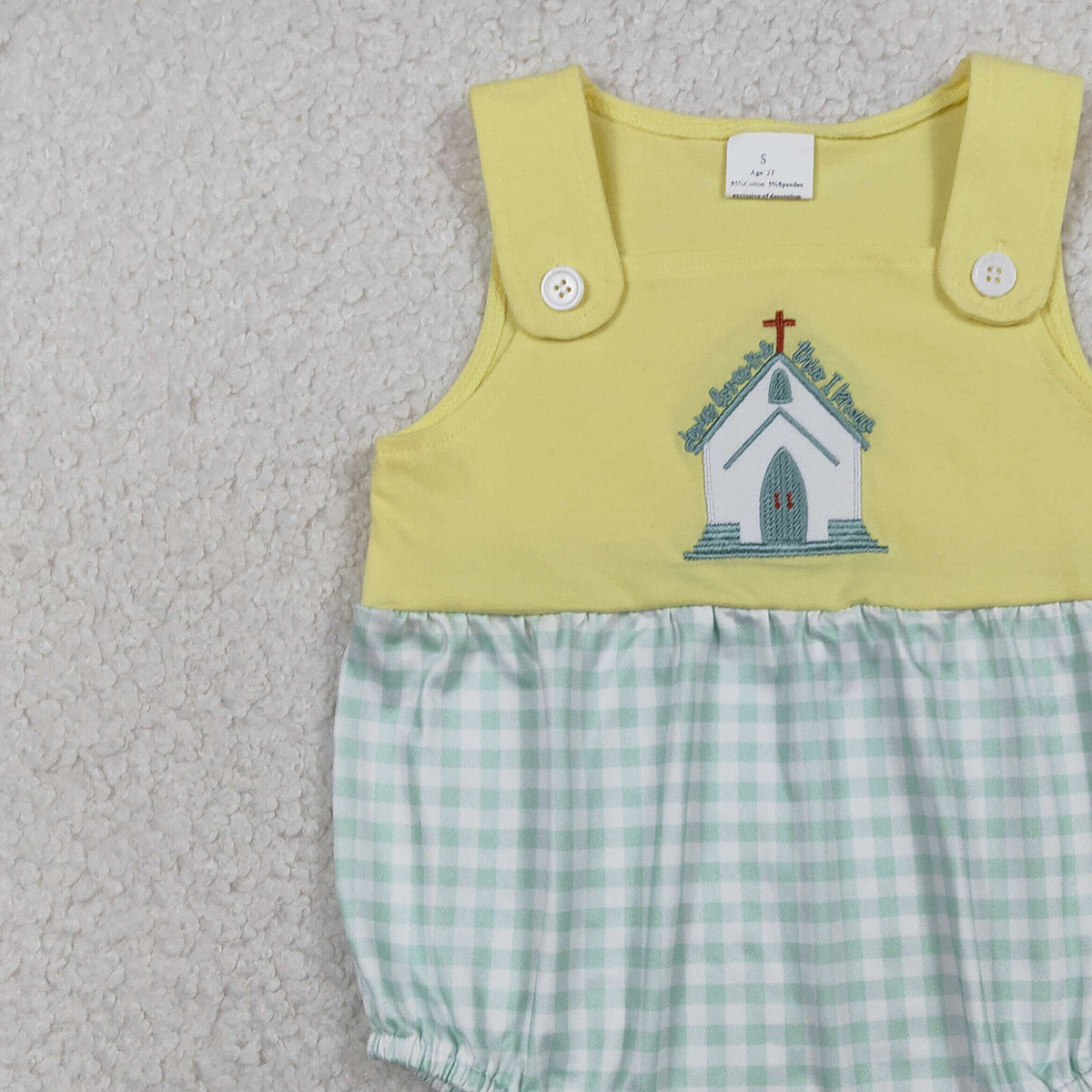 1.14 RTS NO MOQ （In stock）SR3703 Embroidery Church Cross Baby Boys Sleeveless Checked Rompers