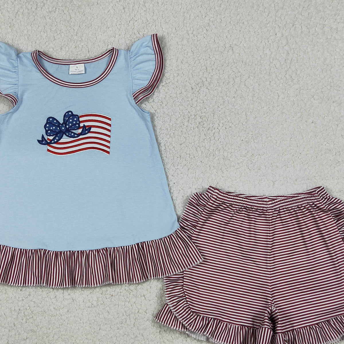4.11 GSSO3278 RTS NO MOQ （In stock ）Flutter sleeves flag bow stripe shorts girls 4th of july outfit