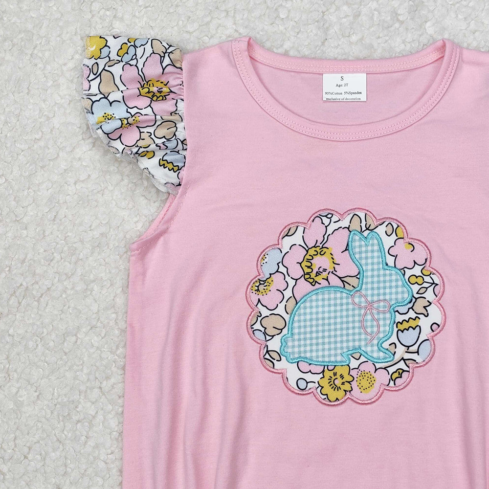 SR2054Pink Floral Bunny Baby Girls Romper with Flutter Sleeves Easter Outfit for Infants