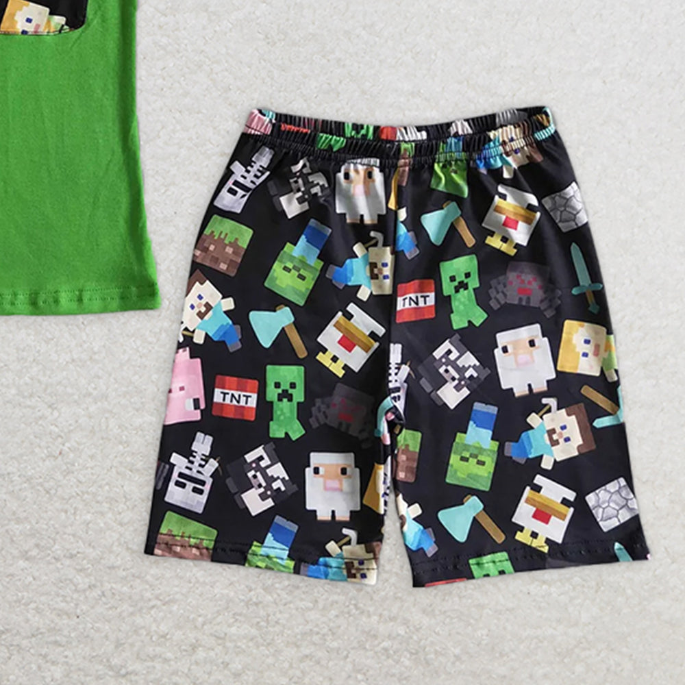 BSSO0078 RTS NO MOQ Baby Boys Summer Boys Outfits Baby boys cartoon green pocket shorts sets
