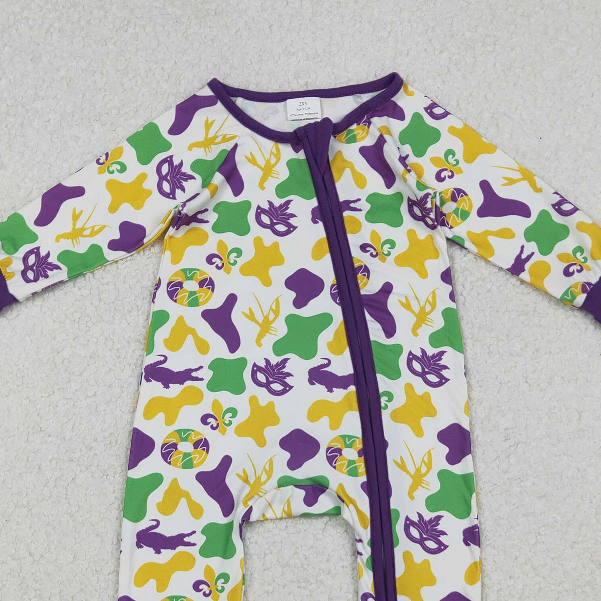 10.15 RTS NO MOQ （In stock）LR2637 Baby Boys Winter Rompers Baby Boys Camo Crayfishes Mardigras Zipper Footie Rompers