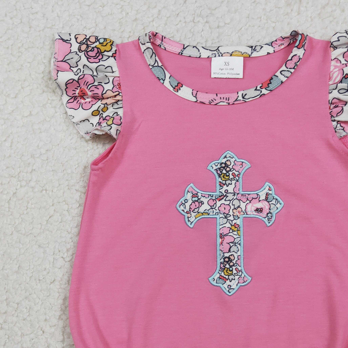 1.27 RTS NO MOQ （In stock）SR3845 Embroidery Floral Crosses Baby Girls Flutter Sleeve Easter Ruffle Rompers