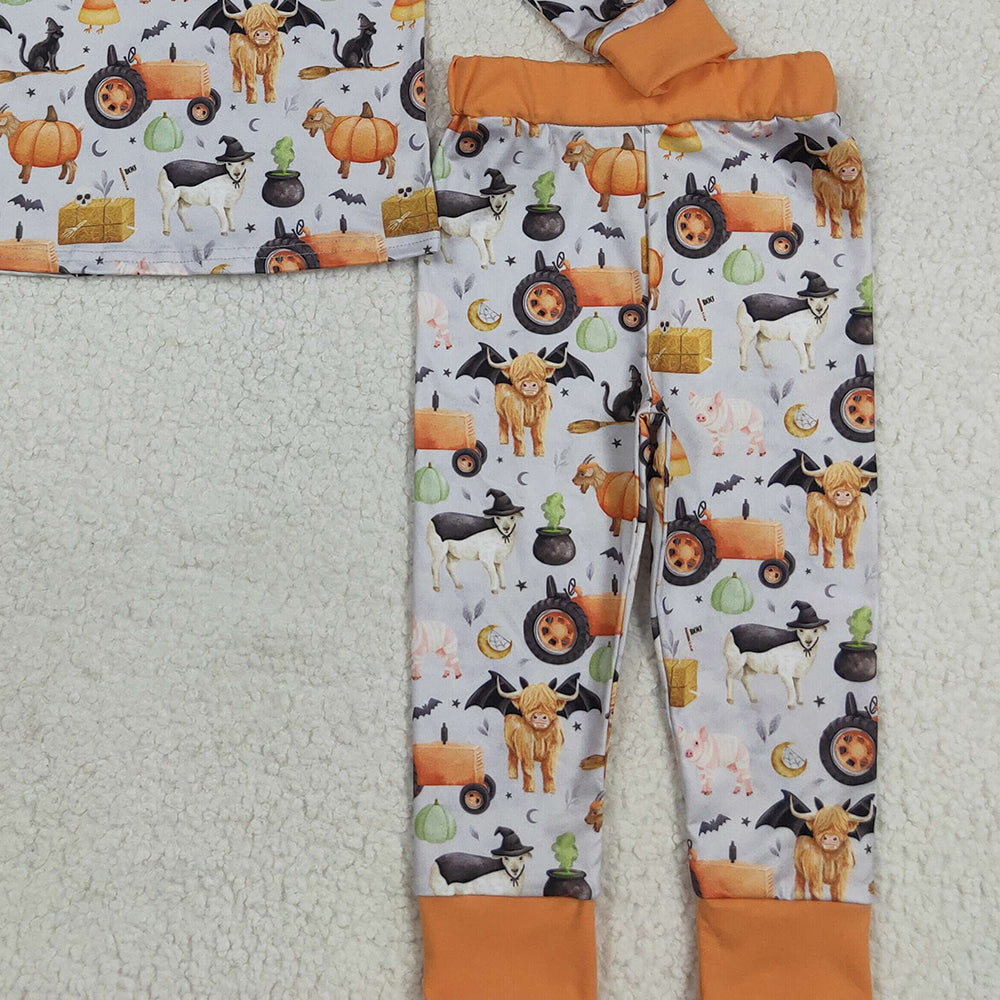 RTS NO MOQ （In stock）BLP1179 Baby Boys Winter Outfits Baby Boys Bats Farm Pumpkins Top Pant Halloween Pajamas Set