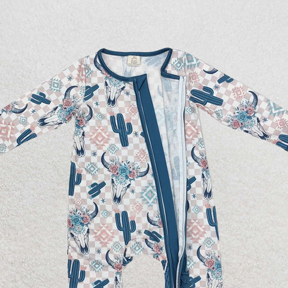 LR1446RTS NO MOQ Baby Girls Winter Rompers Plaid cactus bull skull floral baby girls zipper romper