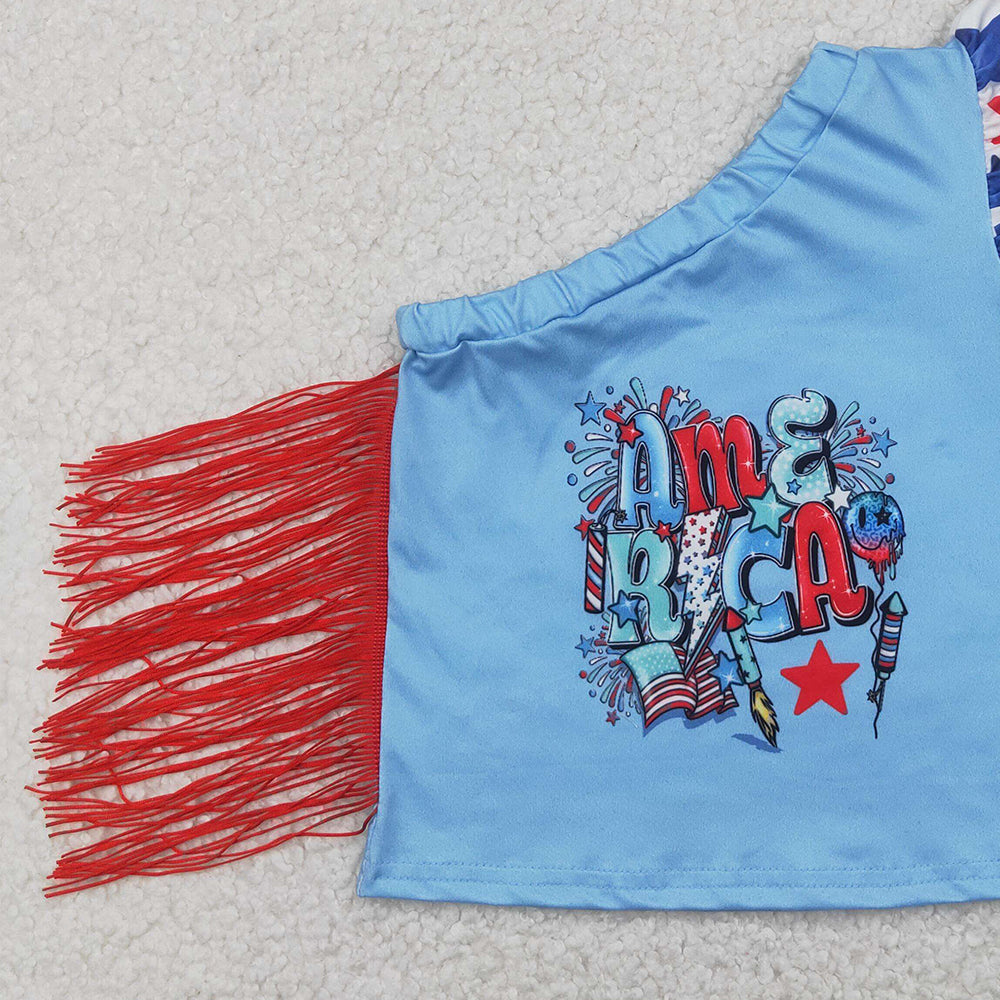 4.12 GT0942 RTS NO MOQ Baby Girls Summer Tops One shoulder stars tassels American girls 4th of july shirt