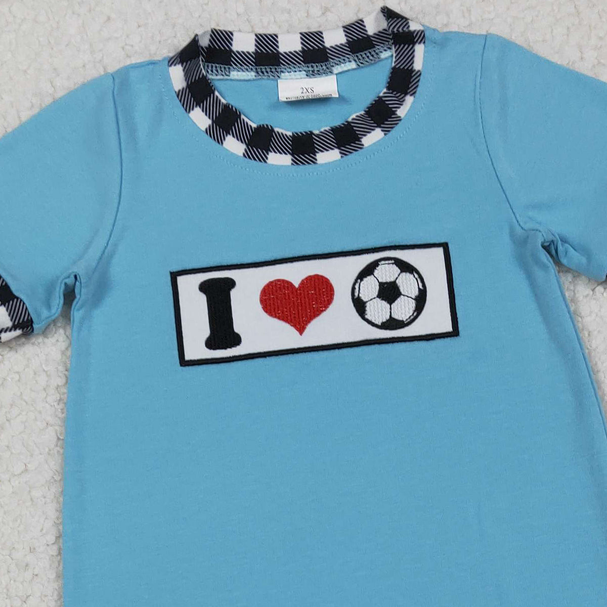 12.16 RTS NO MOQ （In stock）SR3369 Baby Boys Rompers Embroidery I Love Footballs Baby Boys Team Footie Rompers