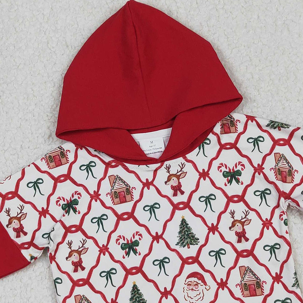 RTS NO MOQ （In stock）GT1042 Baby Girls Long Sleeve Tops Red Christmas Bows Gingerbread Trees Santa Hoodies Tops