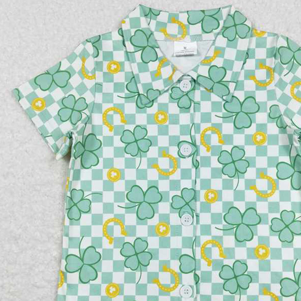 BT0543 RTS NO MOQ Green plaid clover boys st patrick's button down shirt