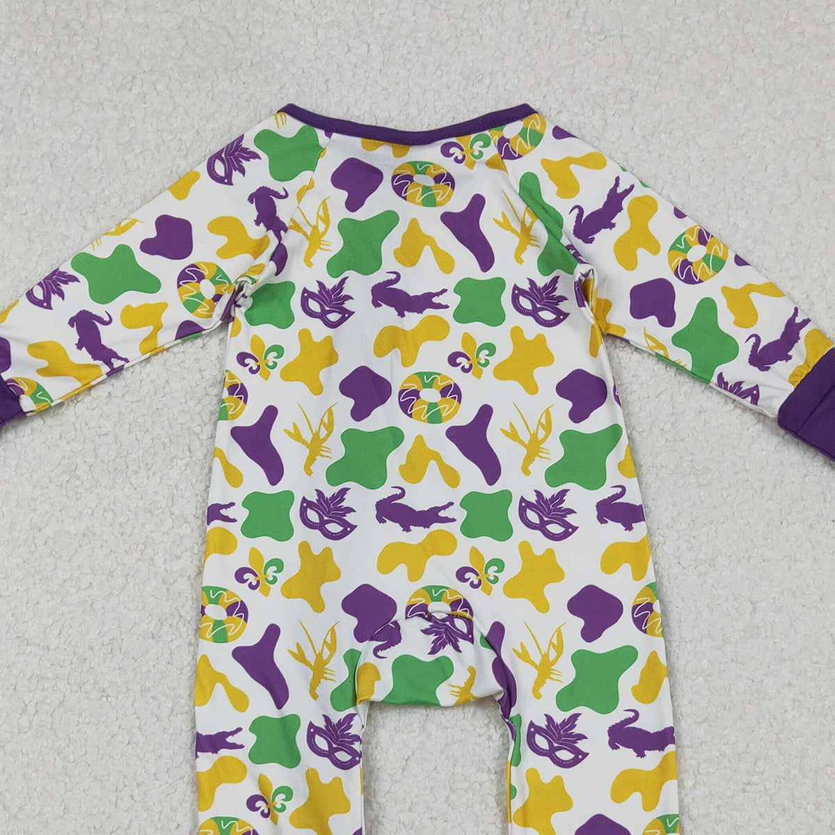 10.15 RTS NO MOQ （In stock）LR2637 Baby Boys Winter Rompers Baby Boys Camo Crayfishes Mardigras Zipper Footie Rompers