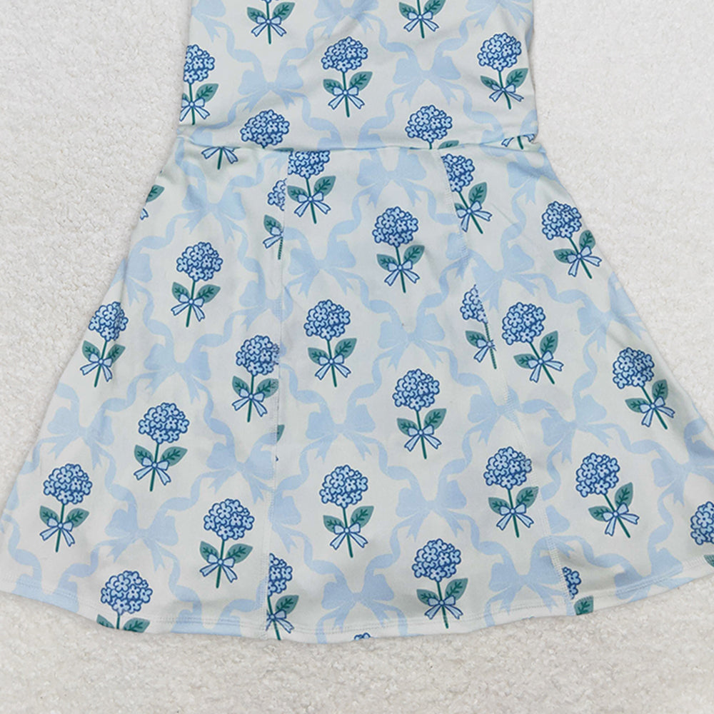 GSD1944RTS NO MOQ Baby Girls Summer Yoga Dress Light Blue Sleeveless Bow Floral Baby Girls Athletic Dresses - Soft Cotton Comfortable Fit for Active Kids