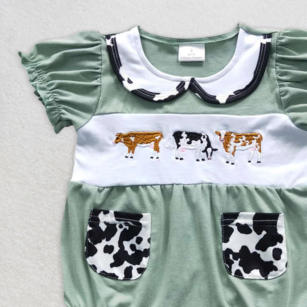 SR0373 RTS NO MOQ  Baby Girls Summer Rompers Baby Girls Cow Green Color Rompers