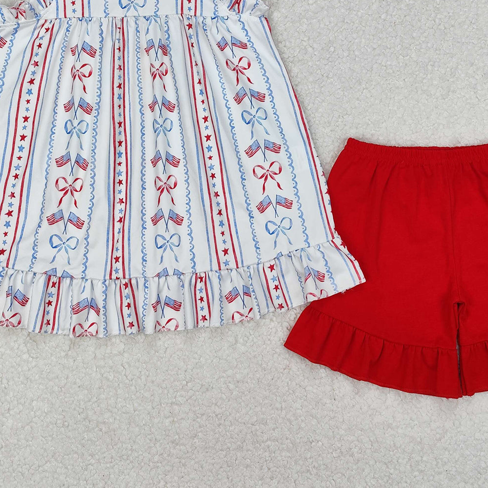 GSSO1786New Rts No Moq 8-9 Days By Air Arrived it Red straps flag bow tunic shorts girls 4th of july outfits