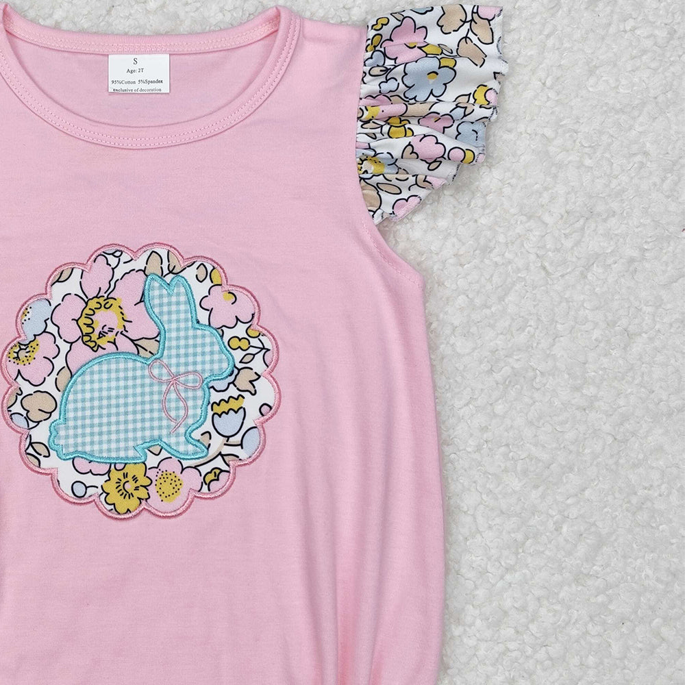 SR2054Pink Floral Bunny Baby Girls Romper with Flutter Sleeves Easter Outfit for Infants