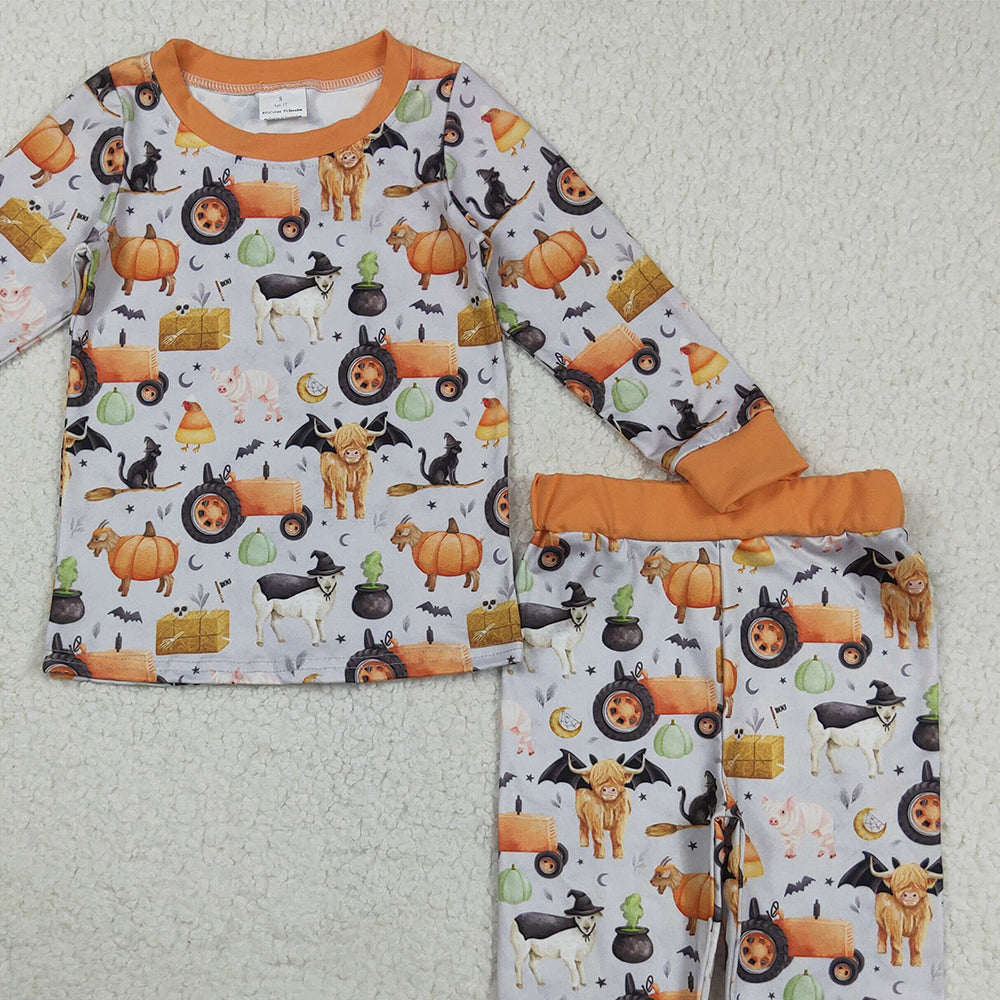 RTS NO MOQ （In stock）BLP1179 Baby Boys Winter Outfits Baby Boys Bats Farm Pumpkins Top Pant Halloween Pajamas Set
