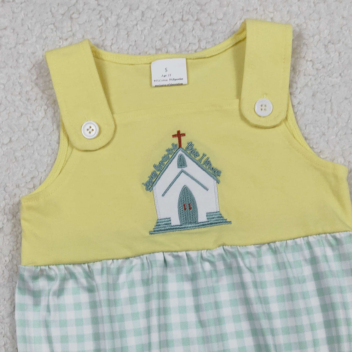 1.14 RTS NO MOQ （In stock）SR3703 Embroidery Church Cross Baby Boys Sleeveless Checked Rompers