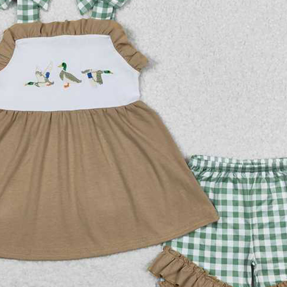 4.12 GSSO0653 RTS NO MOQ Plaid straps duck tunic ruffle shorts girls outfits
