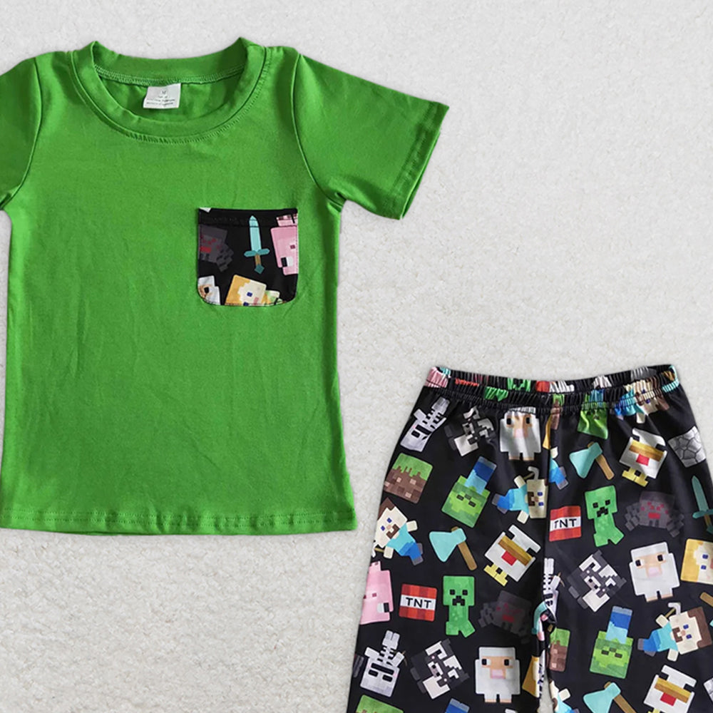 BSSO0078 RTS NO MOQ Baby Boys Summer Boys Outfits Baby boys cartoon green pocket shorts sets