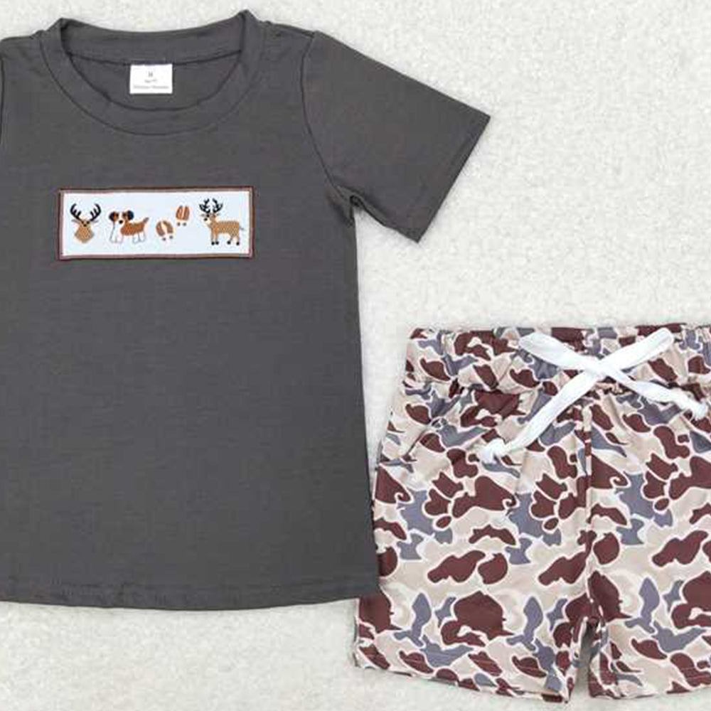 5.19  BSSO0969  RTS NO MOQ Deer dog top camo shorts kids boys clothing