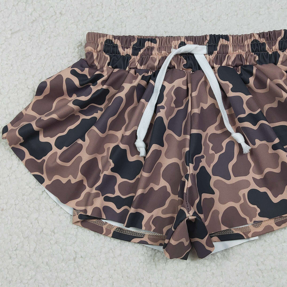 1.6 RTS NO MOQ （In stock）SS0767 Adult Women Southern Brown Camo Yoga Active Ruffle Shorts Bottom