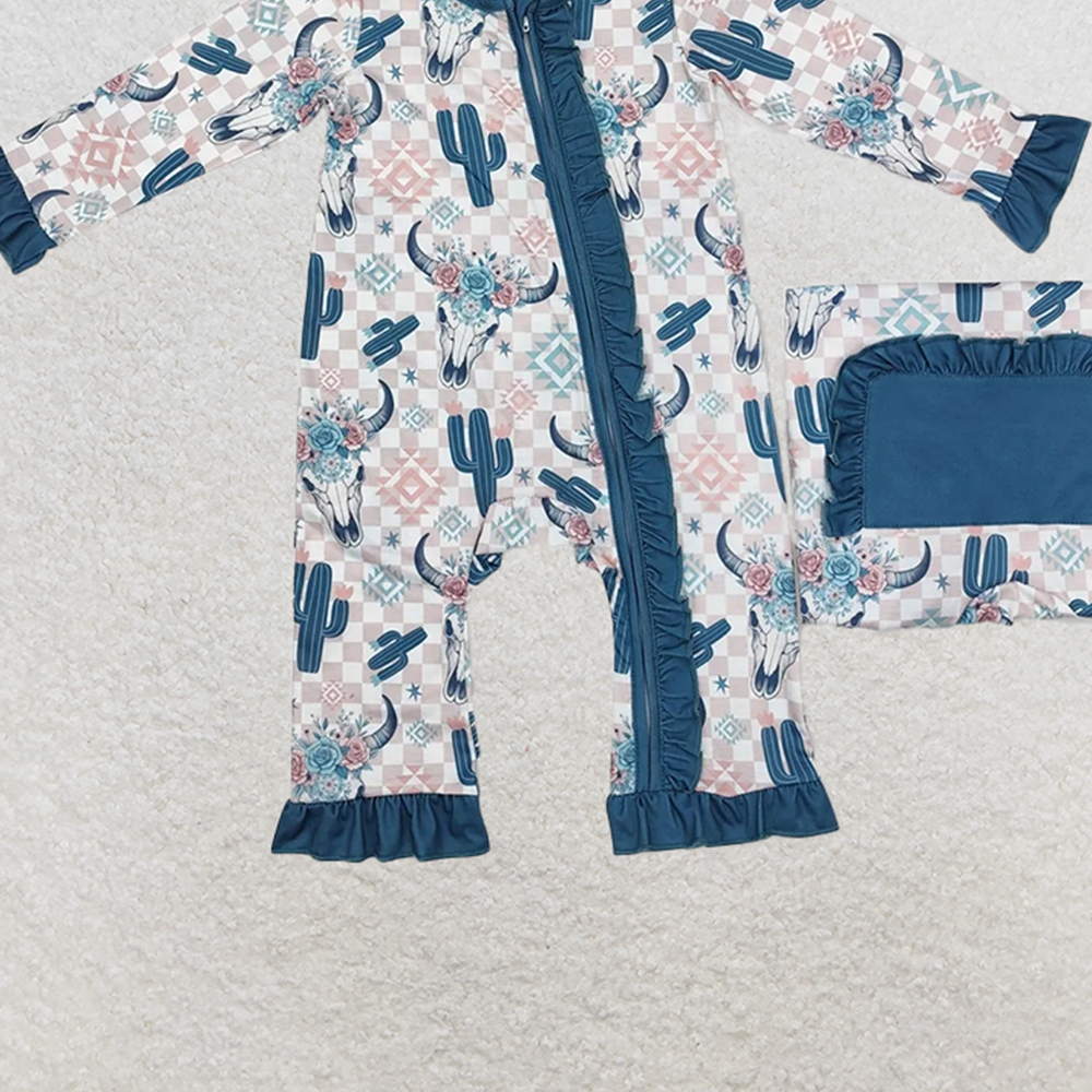 LR1446RTS NO MOQ Baby Girls Winter Rompers Plaid cactus bull skull floral baby girls zipper romper
