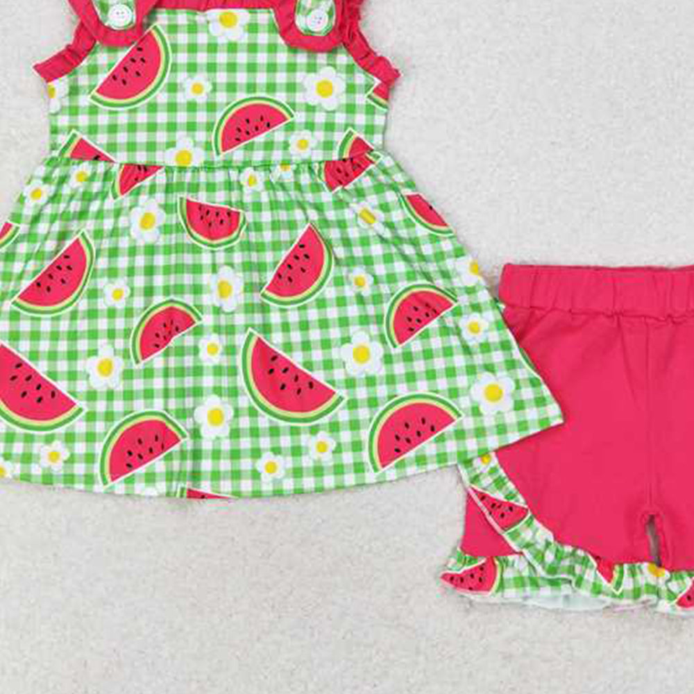 4.25 GSSO0701  RTS NO MOQ Plaid watermelon tunic shorts girls summer clothing