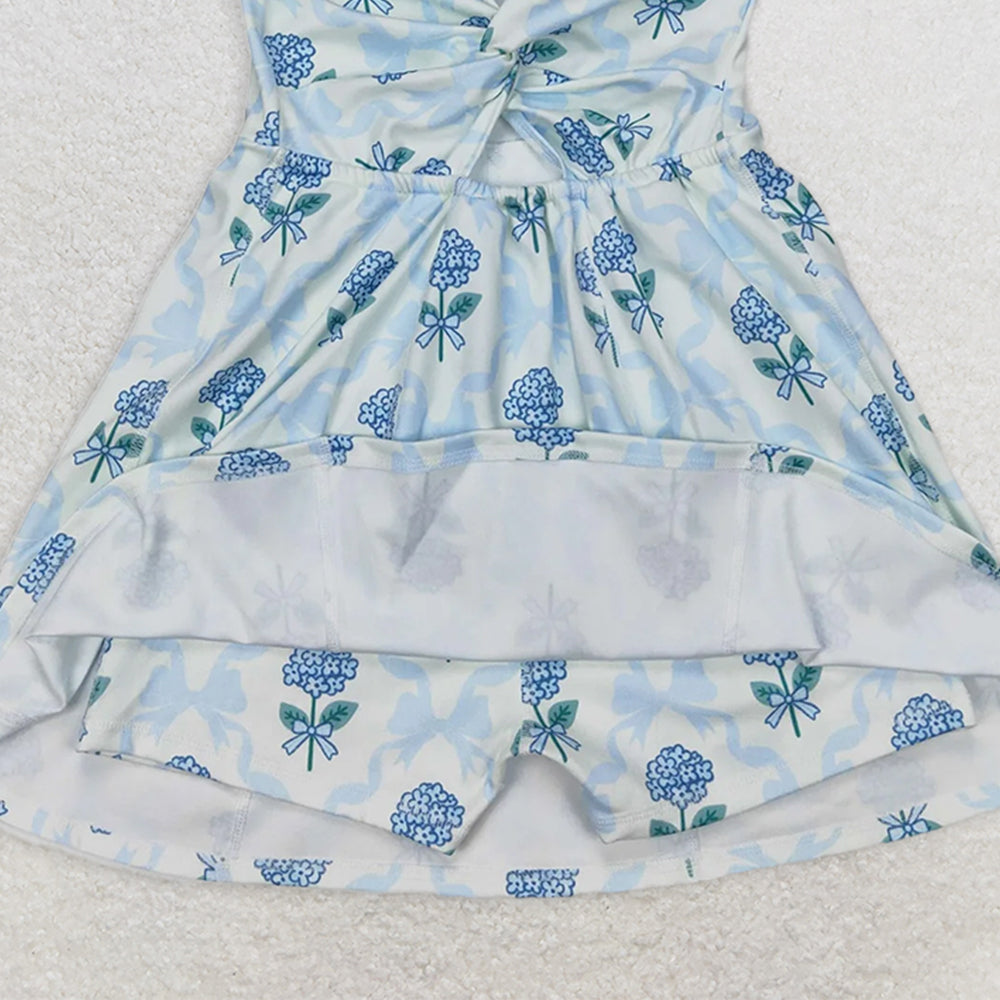 GSD1944RTS NO MOQ Baby Girls Summer Yoga Dress Light Blue Sleeveless Bow Floral Baby Girls Athletic Dresses - Soft Cotton Comfortable Fit for Active Kids