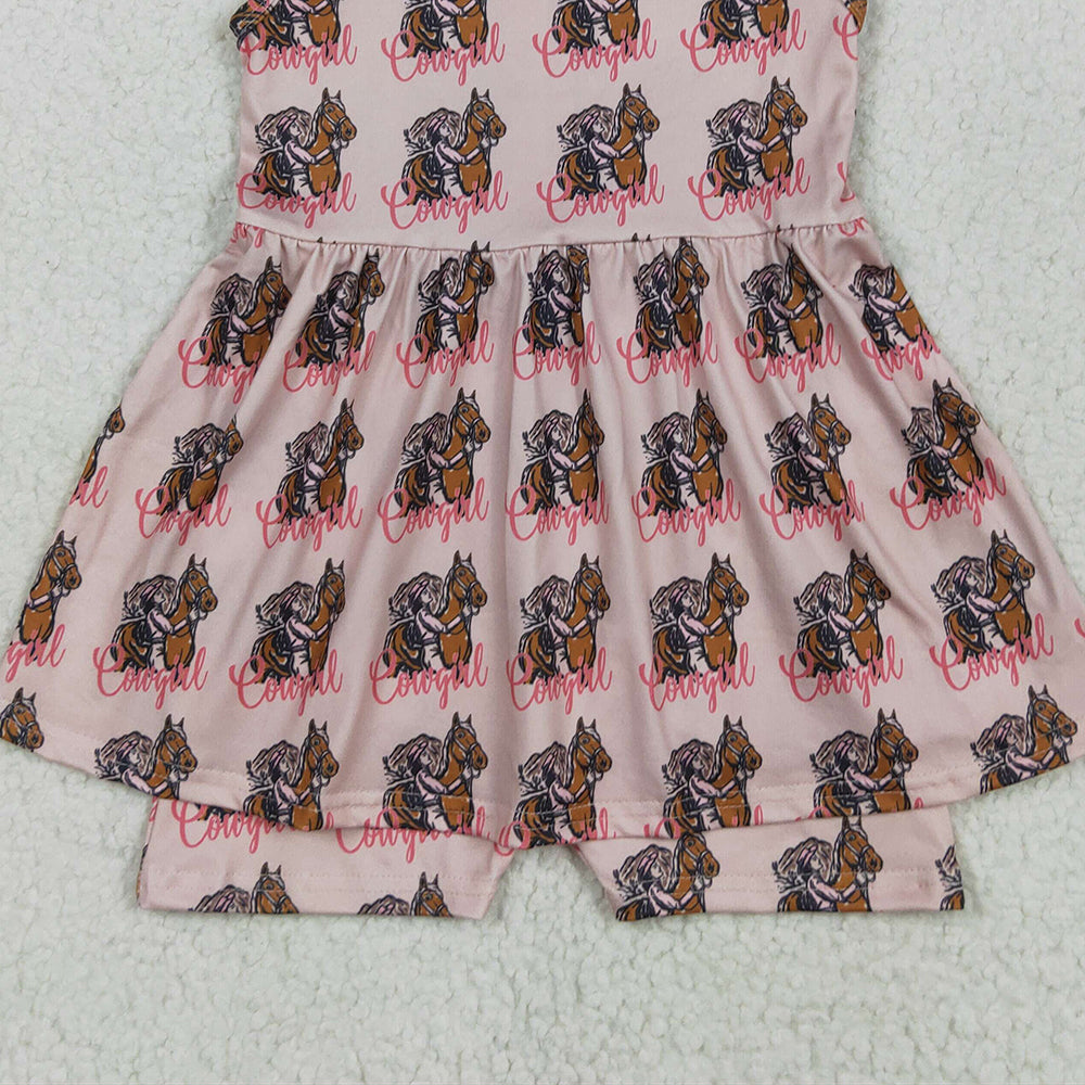 SR3072RTS NO MOQ Baby Girls Summer Jumpsuits Baby Girls Pink Sleeveless Horses Rodeos Cowgirl Skort Jumpsuits