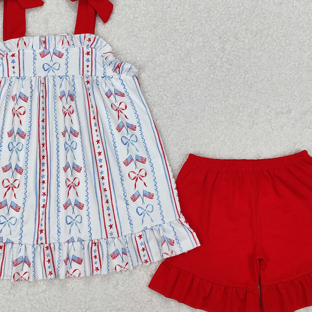 GSSO1786New Rts No Moq 8-9 Days By Air Arrived it Red straps flag bow tunic shorts girls 4th of july outfits