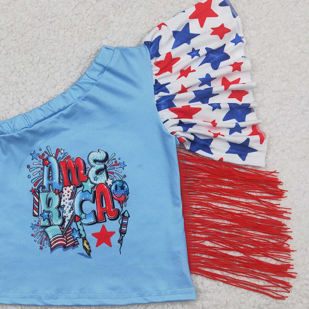 4.12 GT0942 RTS NO MOQ Baby Girls Summer Tops One shoulder stars tassels American girls 4th of july shirt