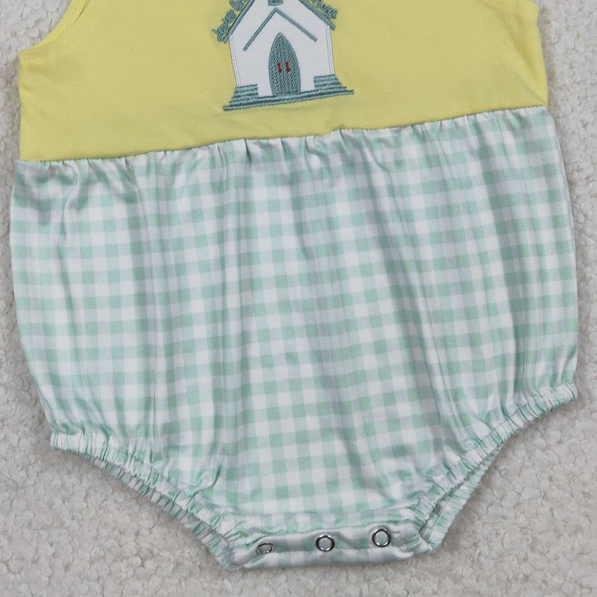 1.14 RTS NO MOQ （In stock）SR3703 Embroidery Church Cross Baby Boys Sleeveless Checked Rompers