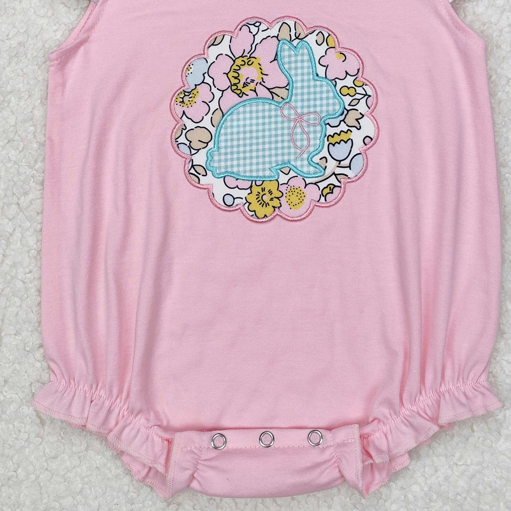 SR2054Pink Floral Bunny Baby Girls Romper with Flutter Sleeves Easter Outfit for Infants