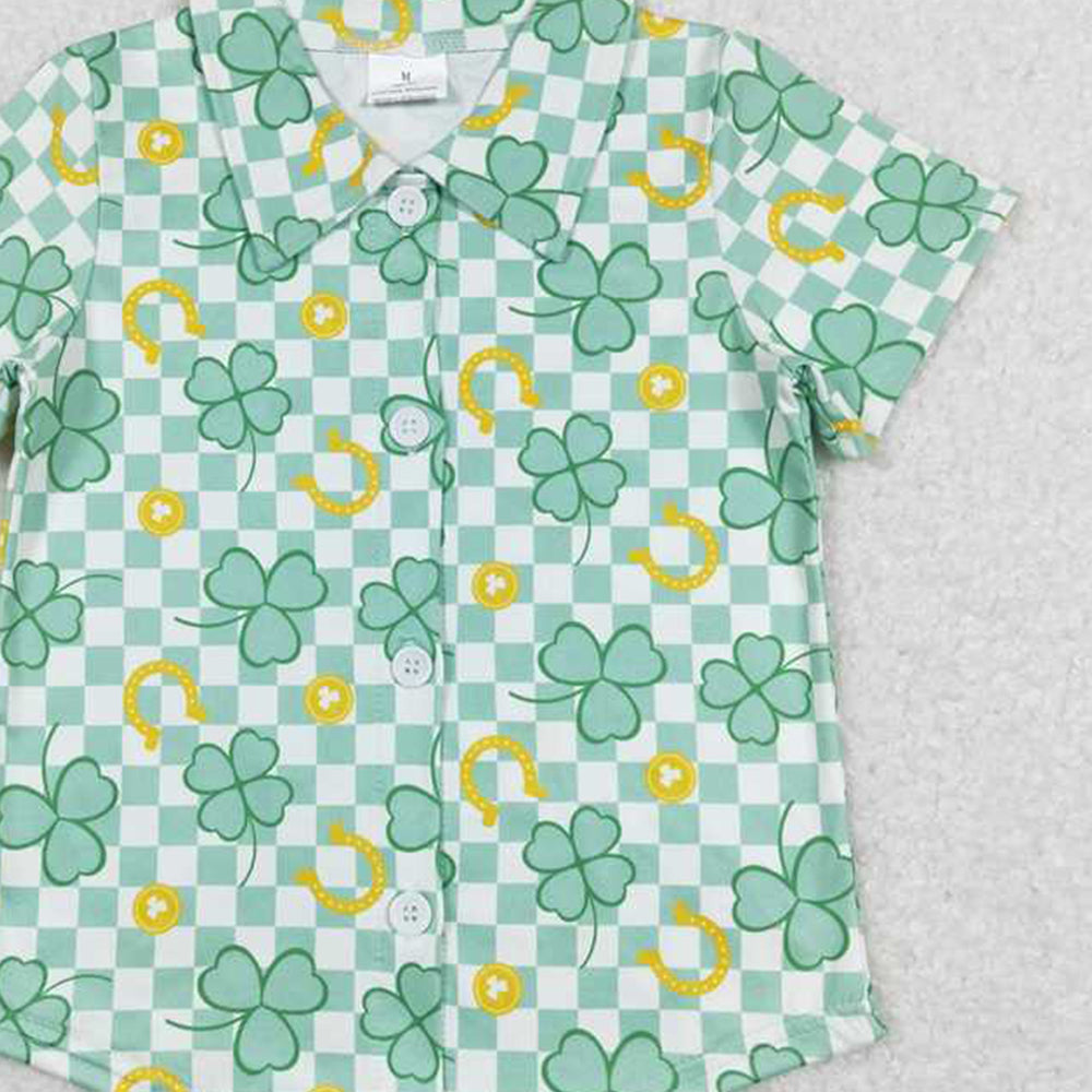 BT0543 RTS NO MOQ Green plaid clover boys st patrick's button down shirt