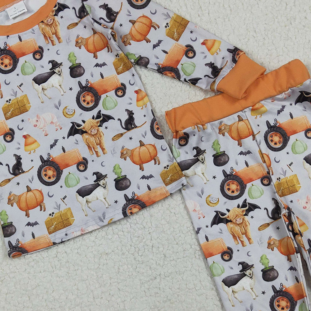 RTS NO MOQ （In stock）BLP1179 Baby Boys Winter Outfits Baby Boys Bats Farm Pumpkins Top Pant Halloween Pajamas Set