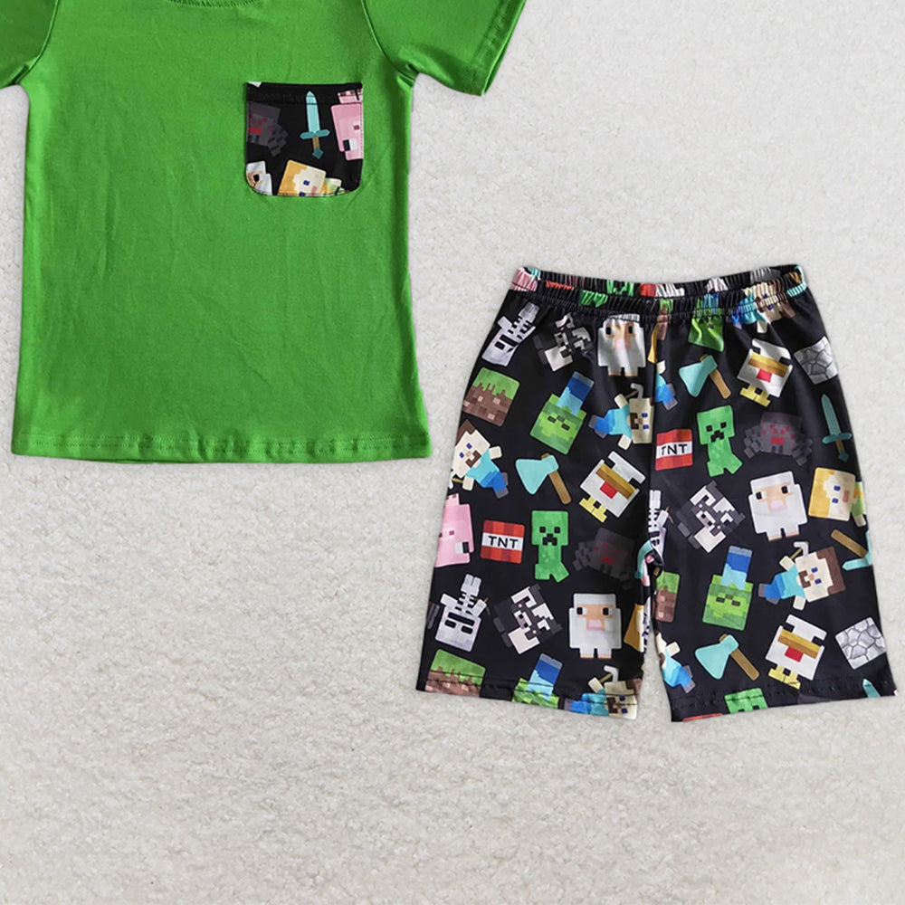 BSSO0078 RTS NO MOQ Baby Boys Summer Boys Outfits Baby boys cartoon green pocket shorts sets