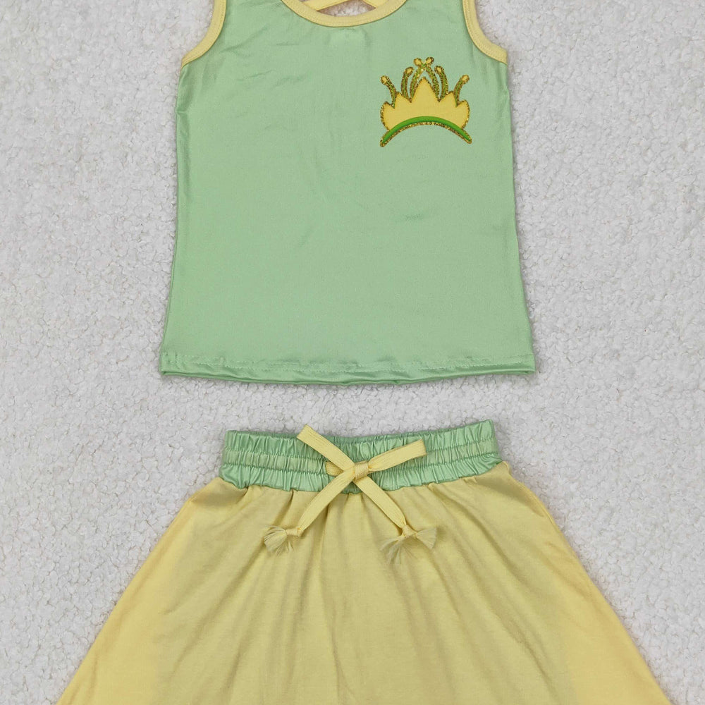 4.30 GSD2071  RTS NO MOQ Green yellow sleeveless crown top skirt princess girls clothes