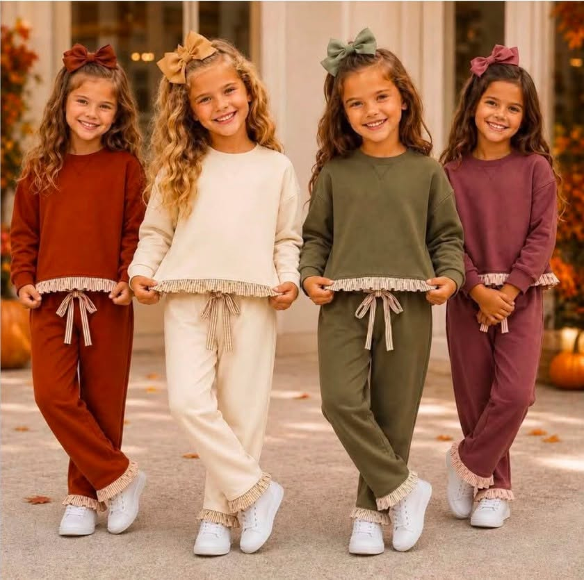 (Preorder new) No moq aby Girls Solid Long Sleeve Pocket Sweatshirt Pants Casual Clothes Set
