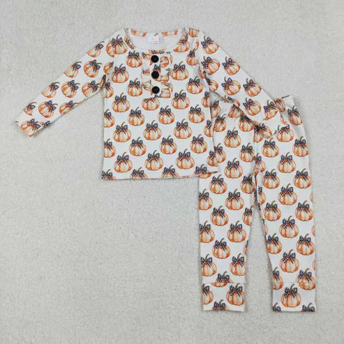 9.17 RTS Sibling Baby Girls Bows Pumpkins Button Fal Pajamas Clothes Sets Zipper Footie Rompers