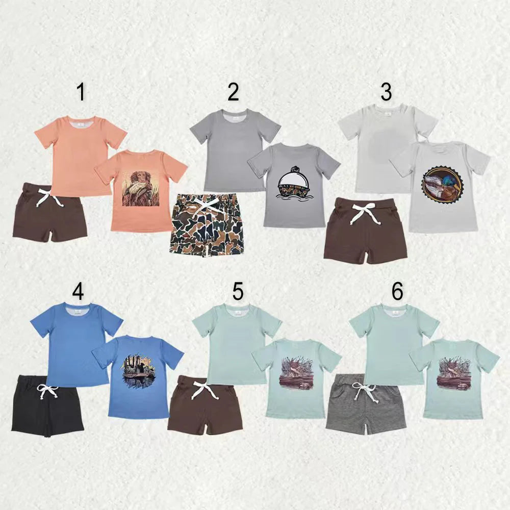12.18 RTS Sibling Baby Boys Short Sleeve Back Ducks Dogs Fishing Top Pockets Shorts Hunting Clothes Sets